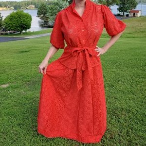 Vintage red lace 2 piece skirt set w sash belt